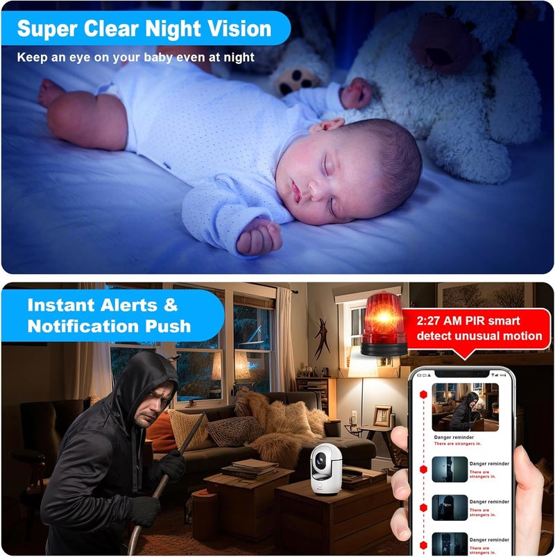 Cloarks 2K Pan/Tilt Security Camera, WiFi Indoor Camera for Home Security with AI Motion Detection, Baby/Pet Camera with Phone App, Color Night Vision, 2-Way Audio, 24/7, Siren, TF/Cloud Storage - 2 Pack - Image 5